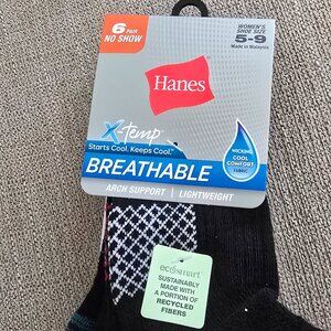 HANES 6 PAIR WOMEN'S BLACK X-TEMP COMFORT FIT ANKLE SOCKS Sz 5-9